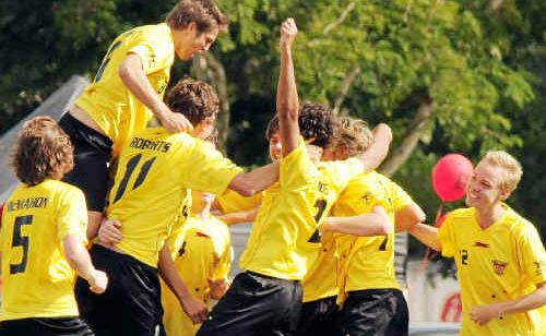 Sunshine Coast Fire players erupt in celebration as victory over the Brisbane Strikers earns them a grand final berth at home. Sunshine Coast Fire players erupt in celebration as victory over the Brisbane Strikers earns them a grand final berth at home.